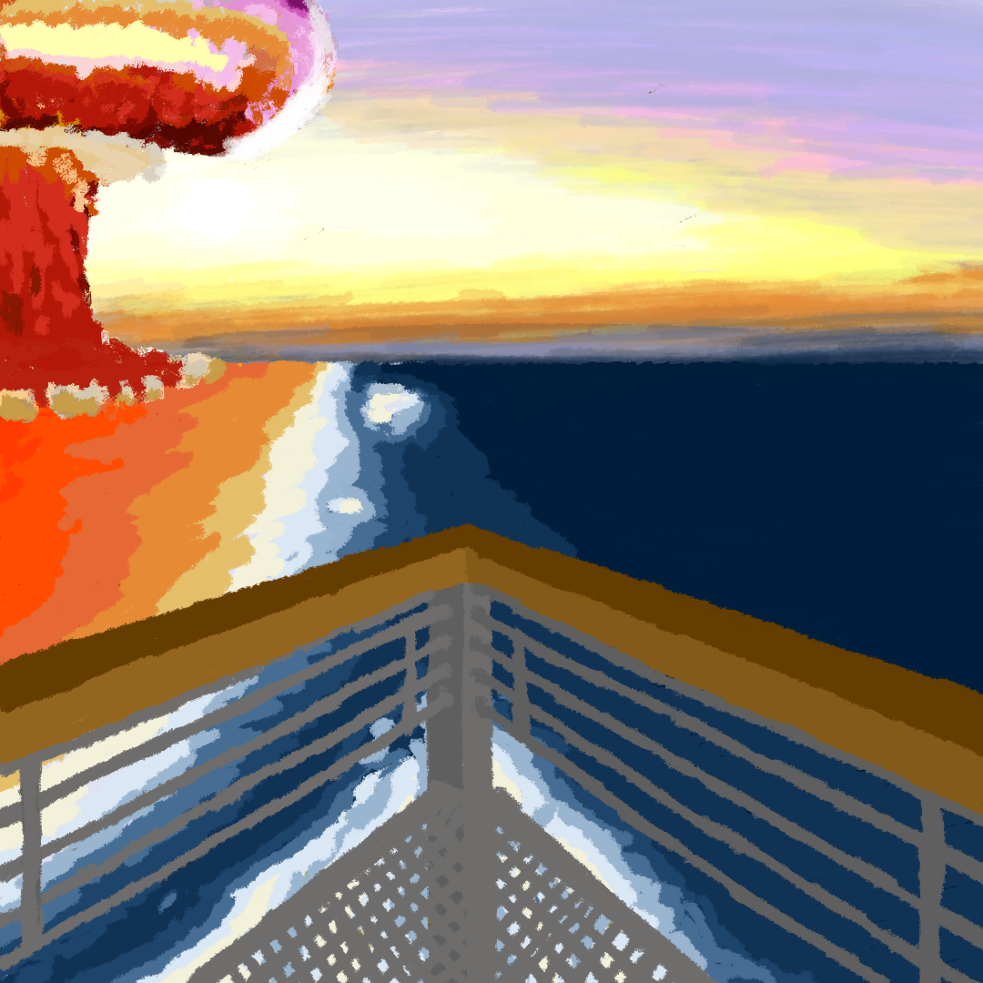 The atom bomb explosion stands static at the beachside. It's not there to kill, nor is it about you. Just let the pale sunlight wash through it unseen.